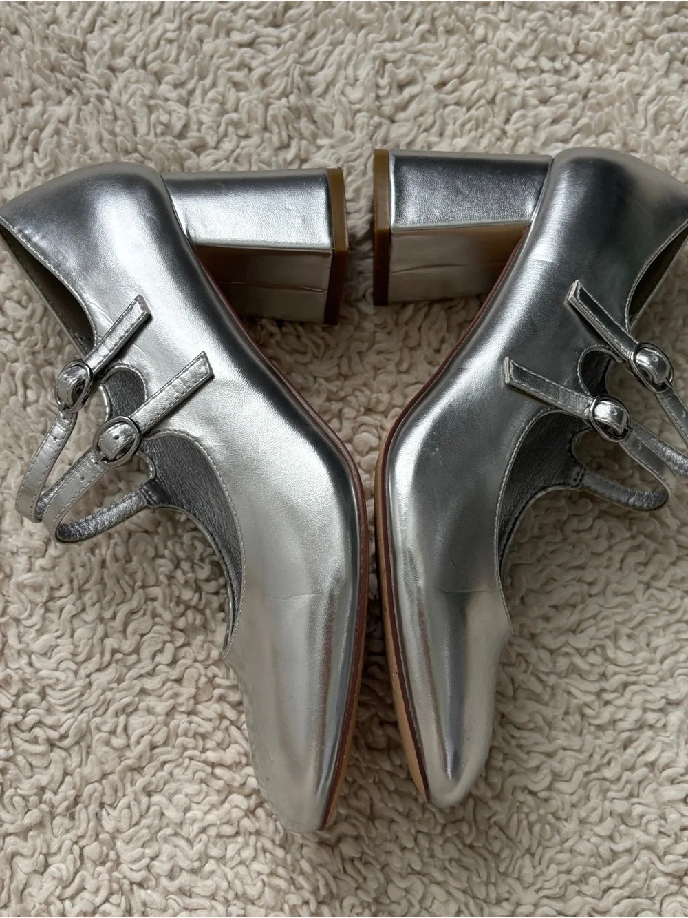 Cider Metallic Silver Double-Strap Mary Jane Block Heels
